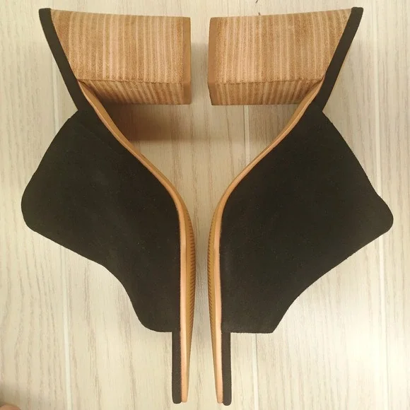 Lisa Vicky Womens Black Suede Nappa Block Heels Slide On Size‎ 10 M Peep Toe - Picture 4 of 8